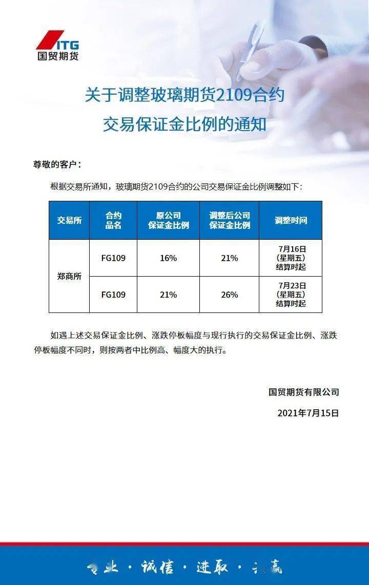 交易提示 | 關於調整玻璃期貨2109合約交易保證金比例的通知