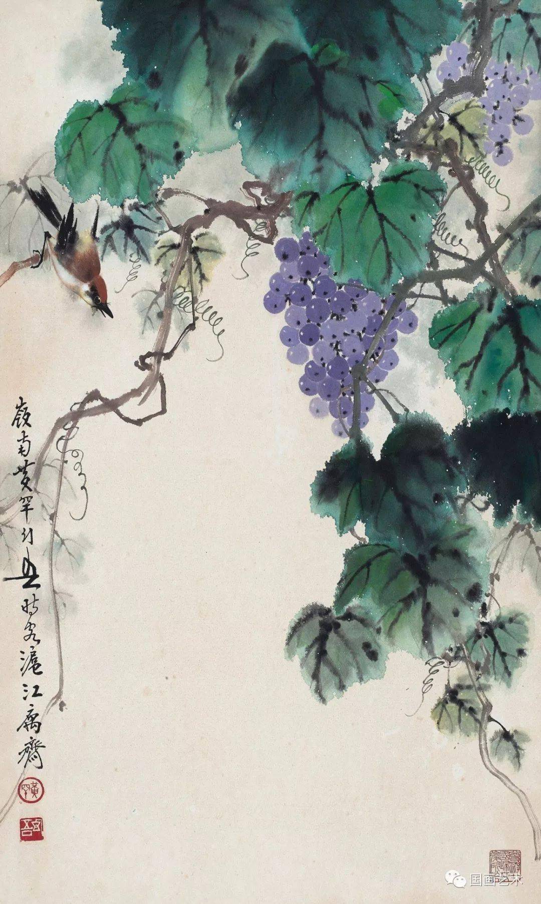 现当代名家黄幻吾笔下的葡萄小鸟