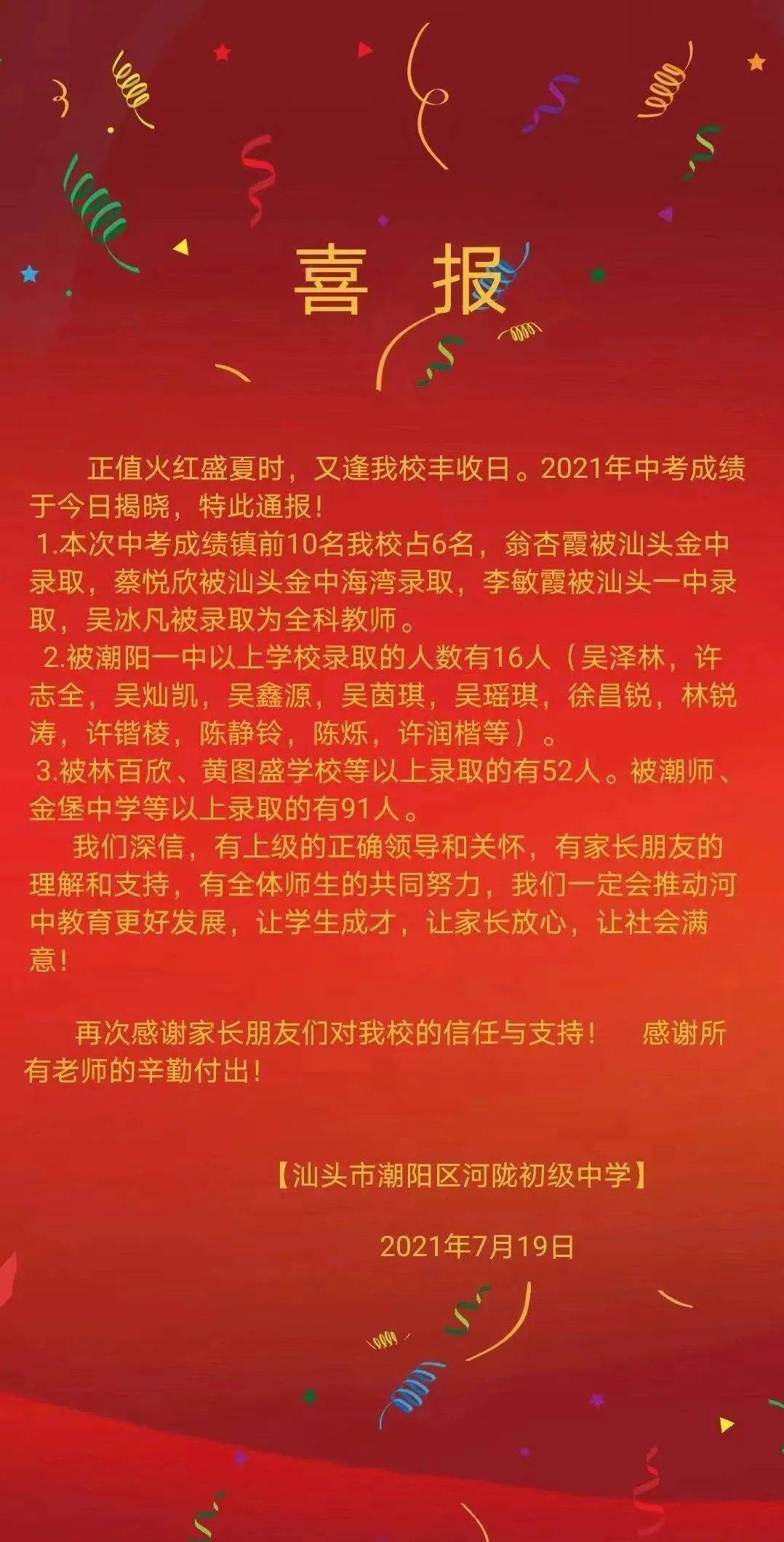 2021年7月19日汕頭市潮陽區廈林初級中學在此祝賀以上同學!