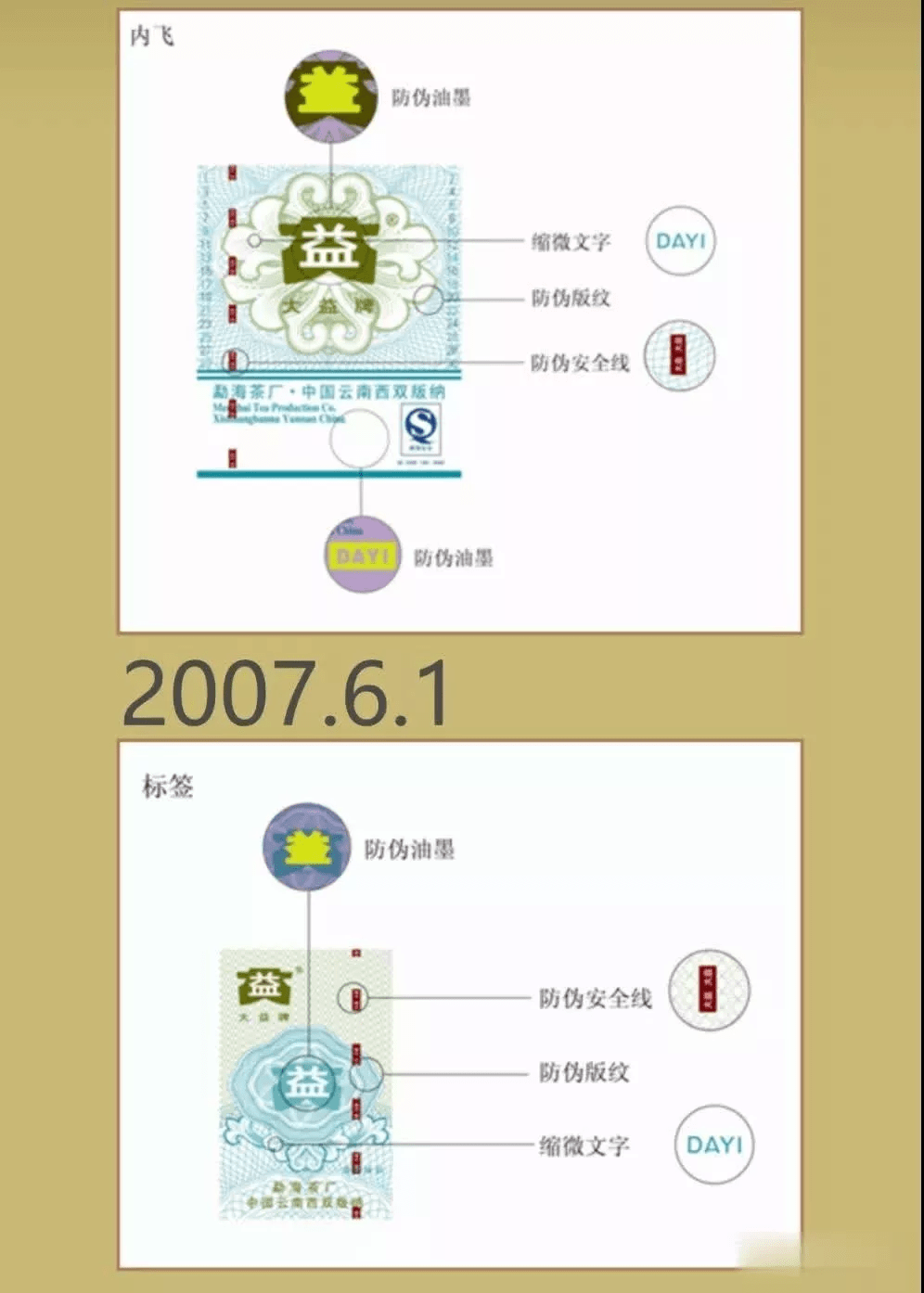 2007年6月1日启用,简称07版大益茶防伪标识.