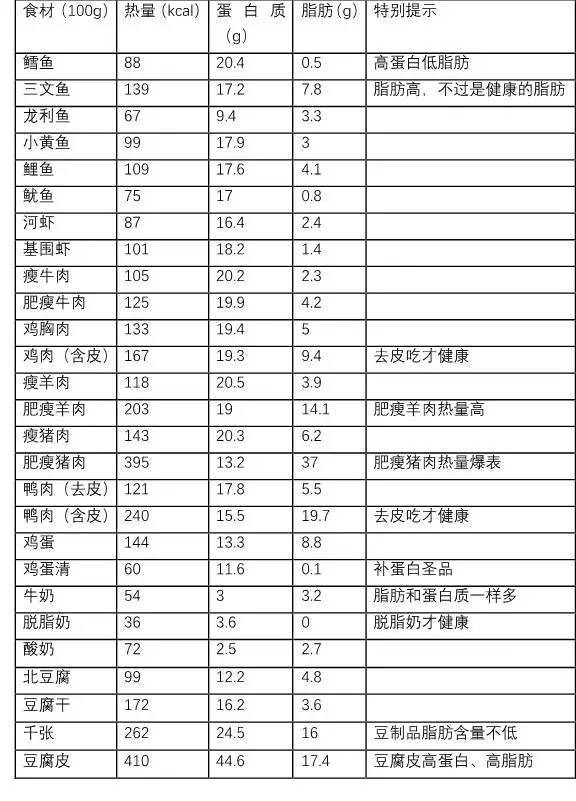 100g常见的食材的蛋白质,脂肪含量