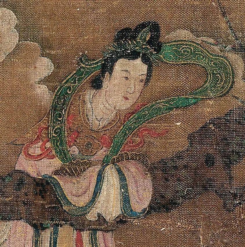 绘梅树虬枝,一仕女宽衣长裙衣袋飘拂,倚树凝神沉思.