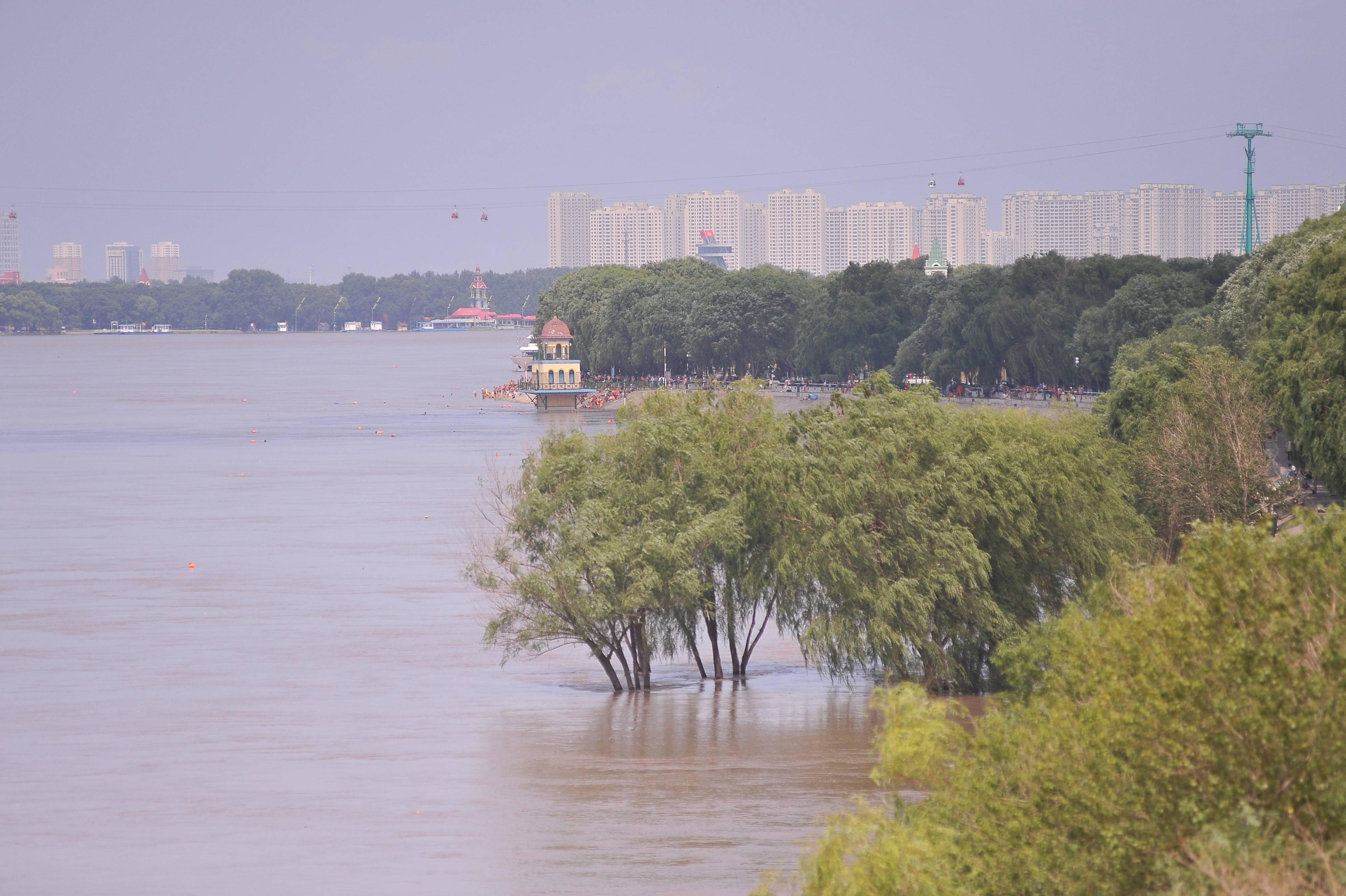江南岸边,台阶还剩十余个,一些钓鱼的市民还在江边垂钓;江心岛大部分