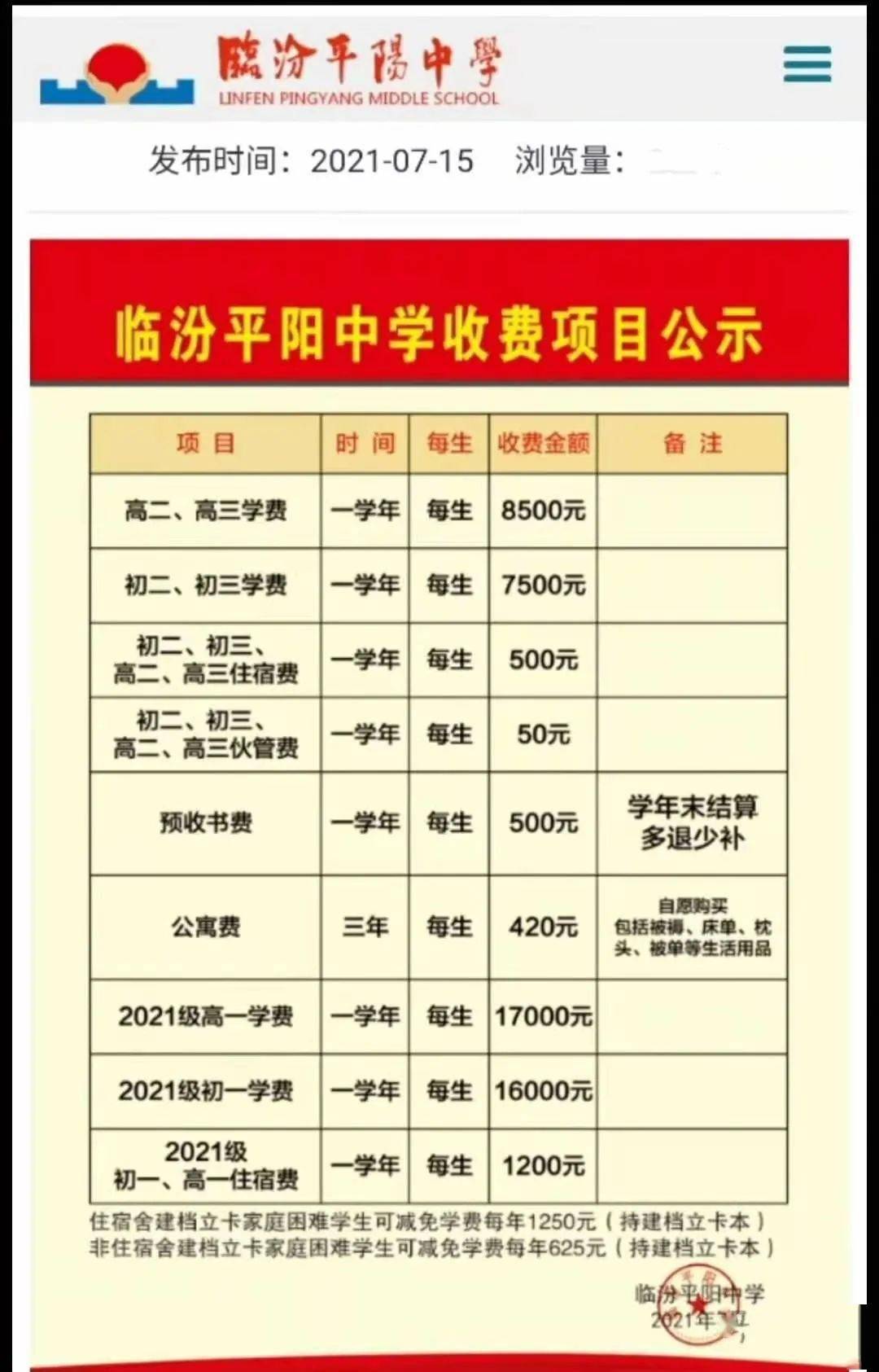 临汾一中学收费项目公示初一学费16万高一学费17万