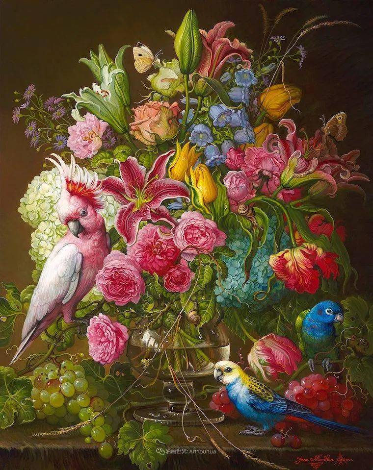 新现实主义风格花鸟油画,乌克兰女画家yana movchan绘画作品欣赏