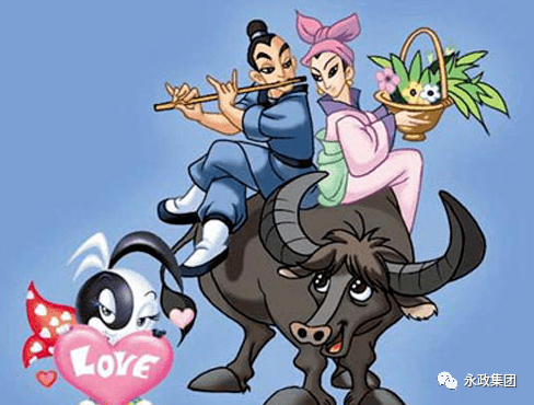 牛郎在老牛的帮助下,用箩筐装着儿女,挑着追到天上.