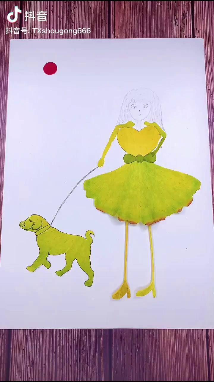 漂亮的小女孩悠闲的遛着可爱的小狗狗创意美术树叶贴画知识创作人废物