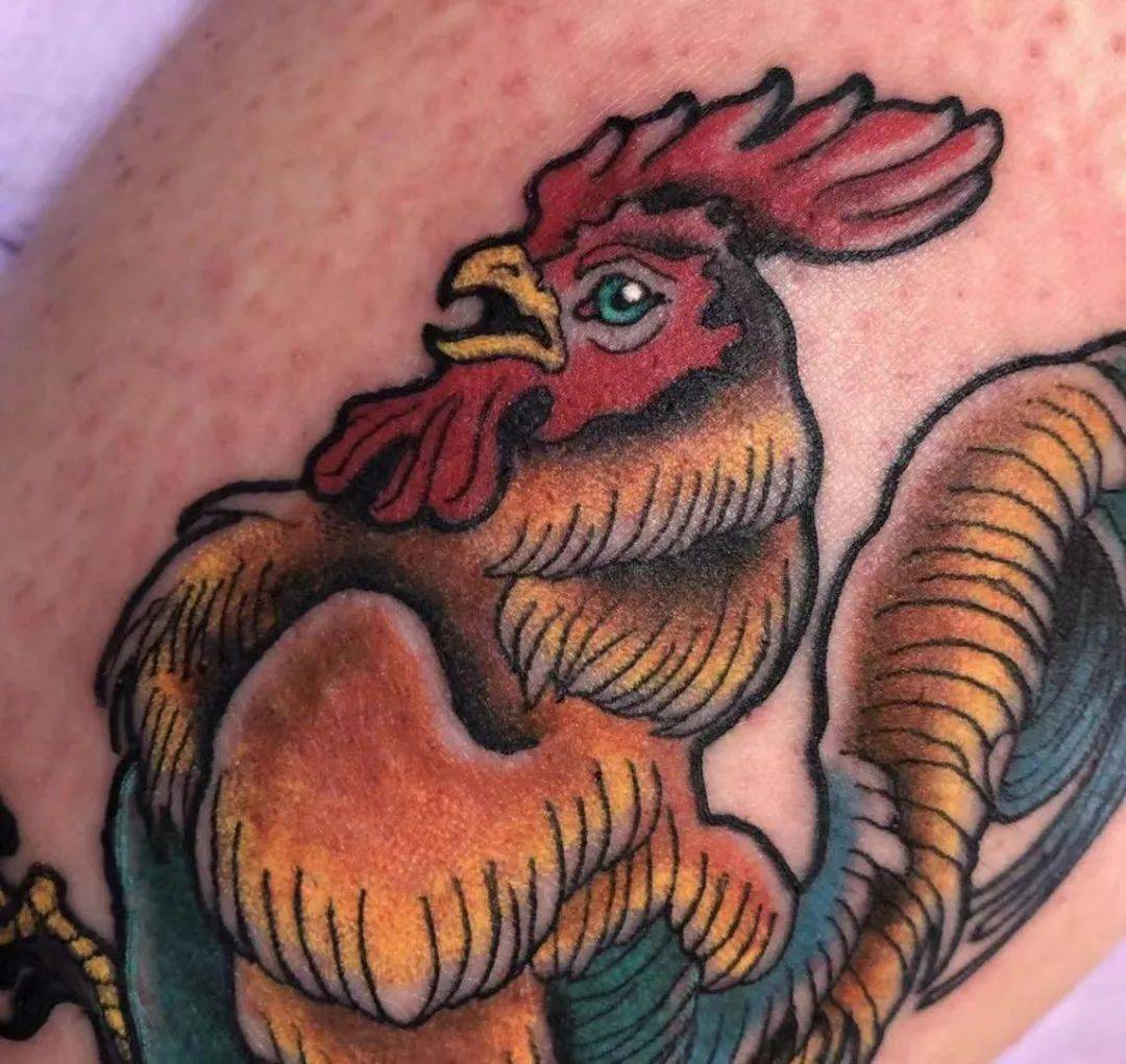 彩色日式公鸡纹身图案