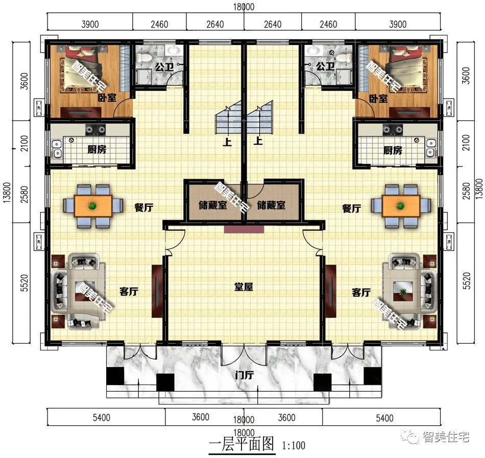 两兄弟要盖双拼别墅,室内选择堂屋共用,既省空间又体面