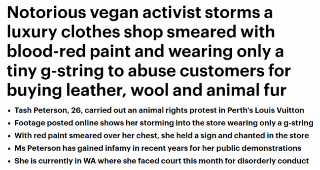 Notorious vegan activist Tash Peterson storms Louis Vuitton store covered  in 'blood