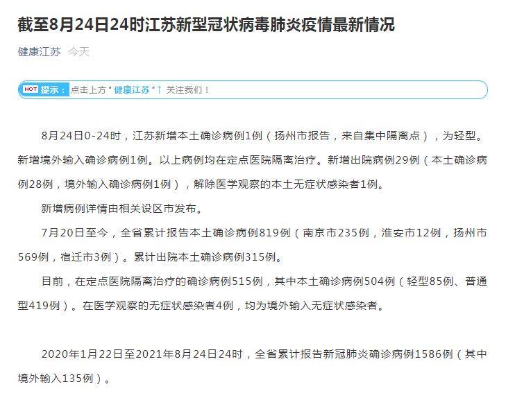 江苏省|江苏省8月24日新增新冠肺炎本土确诊病例1例 为扬州市报告
