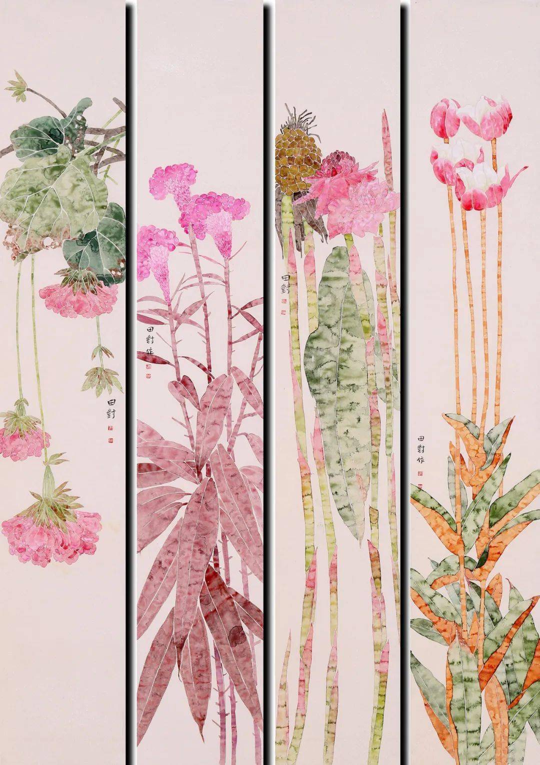 她的工笔花鸟画质朴而典雅