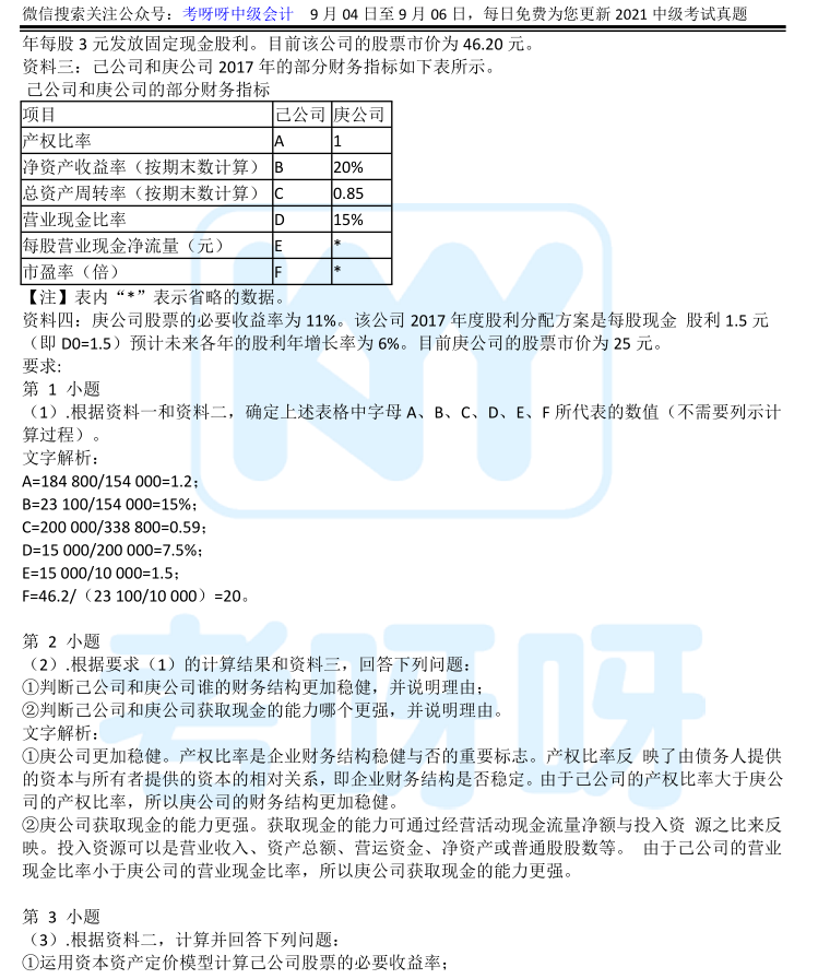 第一场2021年中级财务管理考试真题及答案解析考生回忆94