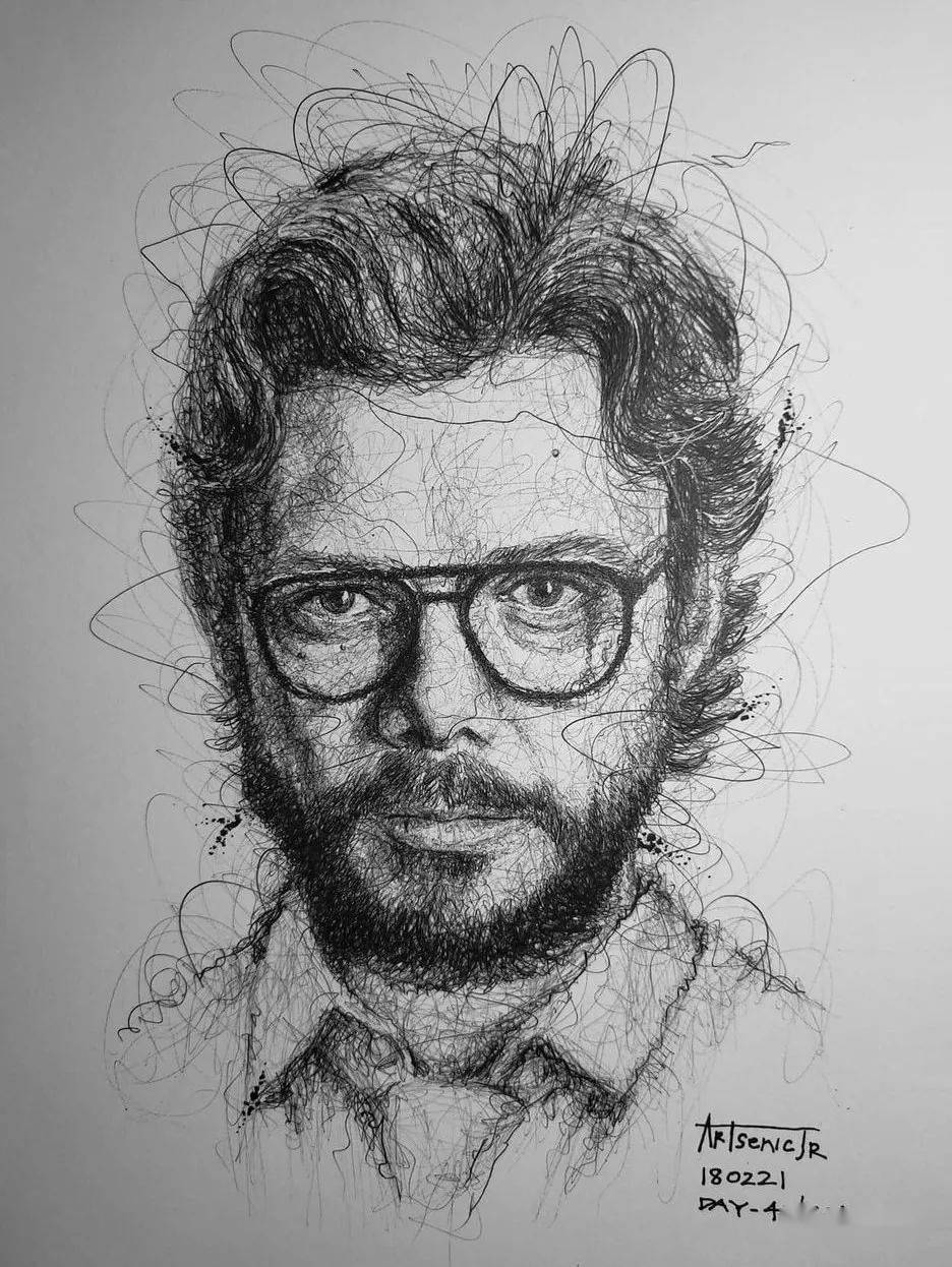 一位用长曲线画肖像素描的牛人