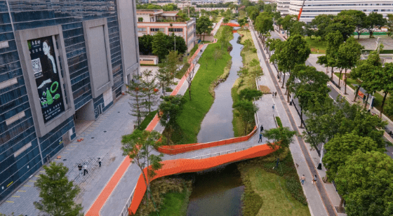 航拍下的大坦沙岛中轴线河涌景观示范段碧波绿道小桥流水美如画