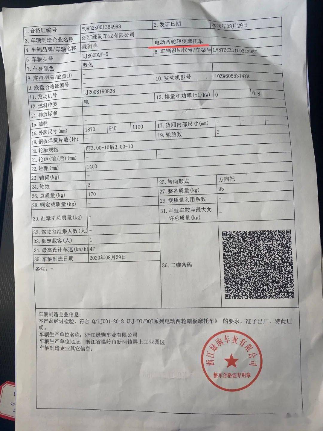 电动摩托车合格证02电动摩托车是电驱动,具有两个或三个车轮的道路