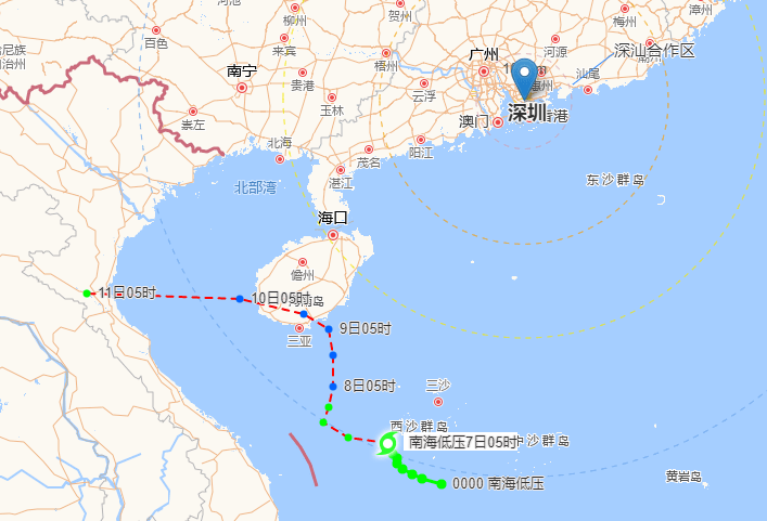 南海热带低压今天凌晨5时距离海南省三沙市(西沙永兴岛)西南方向约145