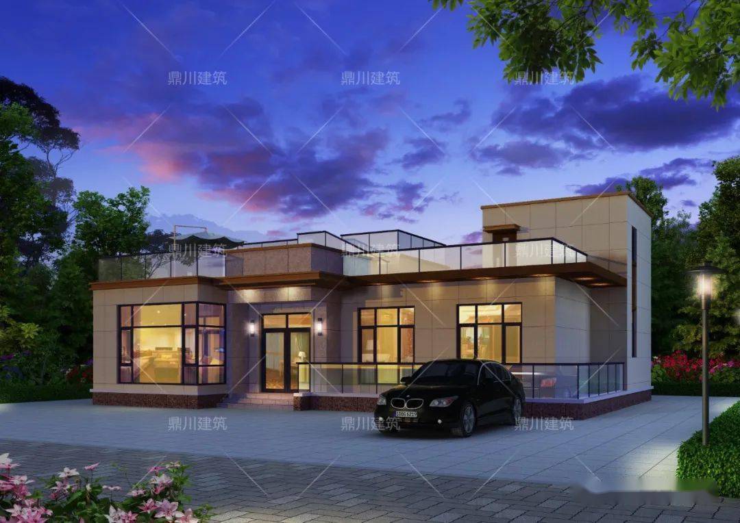 现代一层平屋顶别墅一 层:客厅,卧室(附卫生间),3卧室,厨房,餐厅,卫生