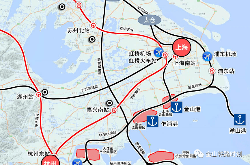 沪乍杭铁路线位图 现在从这个规划图看 完全变了,变成从 金山,平湖