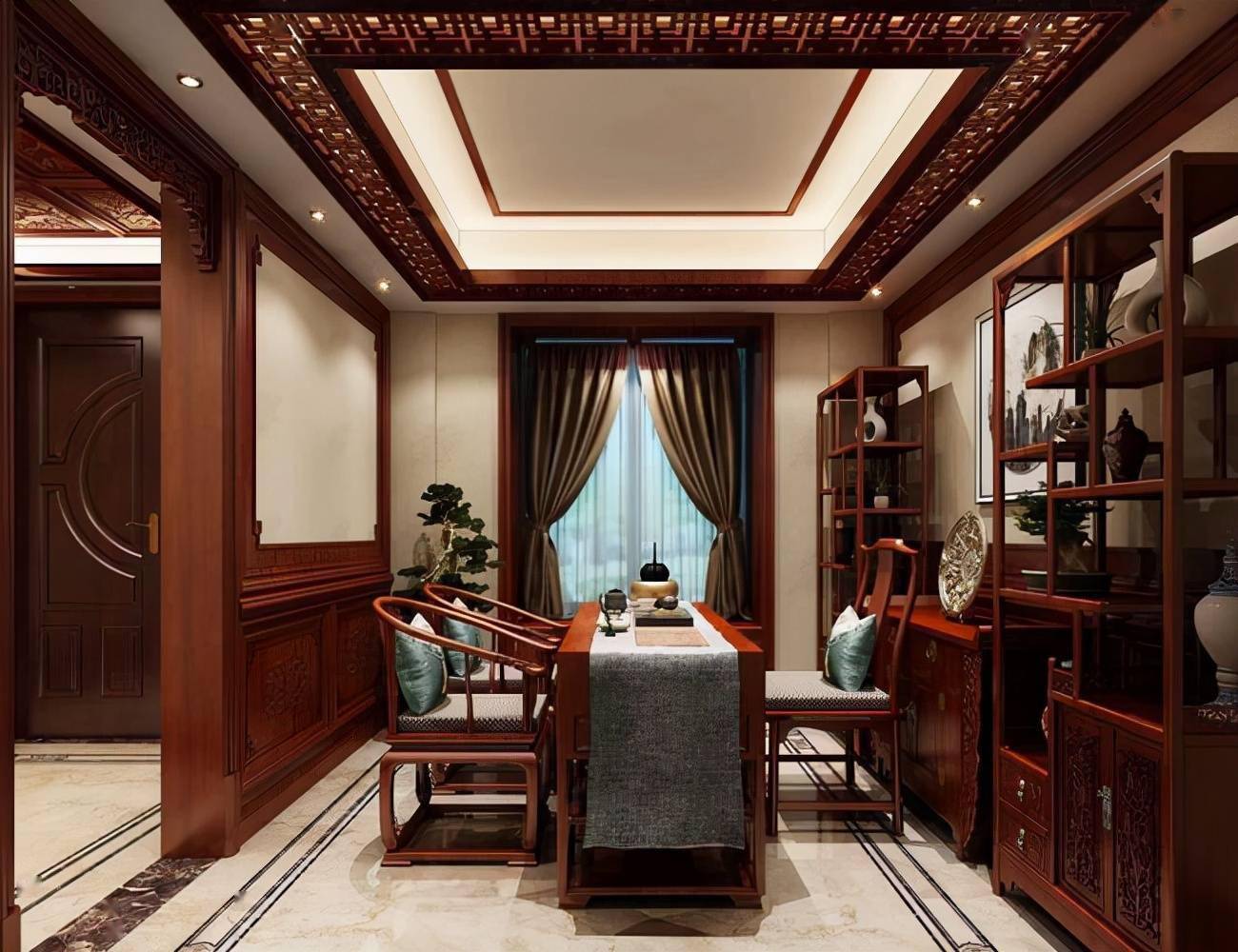 茶室茶室空间的设计,加入了中式博古架和屏风元素,以及一盏古韵十足