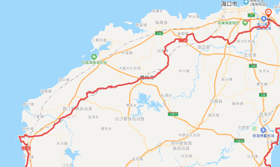 西线:海口经海南岛西面到达三亚湾,主要走国道225,总里程约为455公里