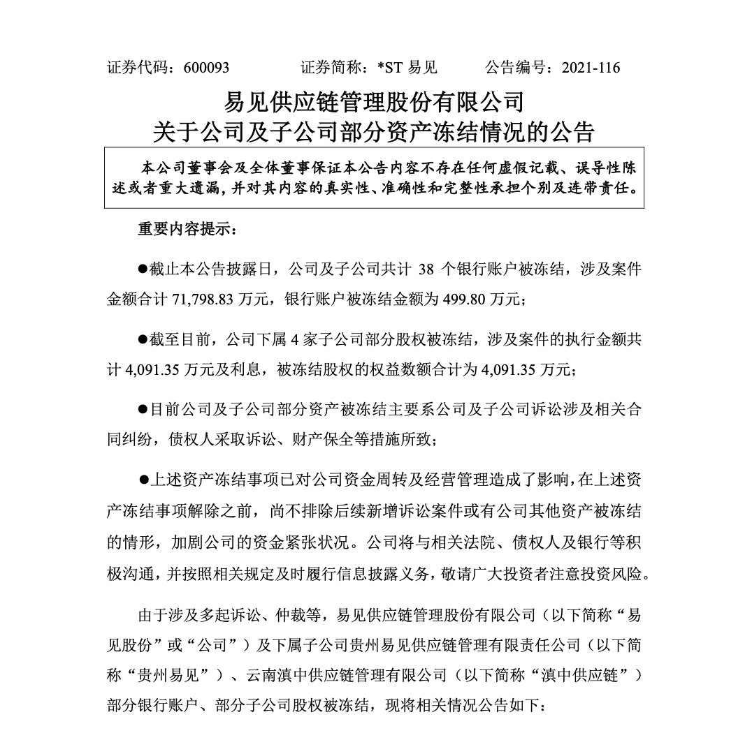 St易见38个银行账户遭冻结 涉案金额达7 18亿元 被冻结股权权益逾4000万元 已对公司资金周转及经营管理造成影响 资产