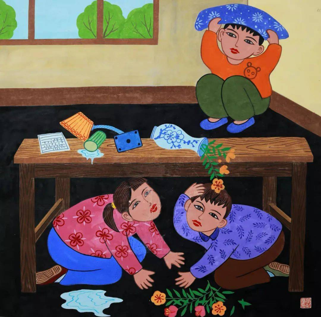 舞阳农民画健康素养66条发生地震时选择正确避震方式震后立即开展自救