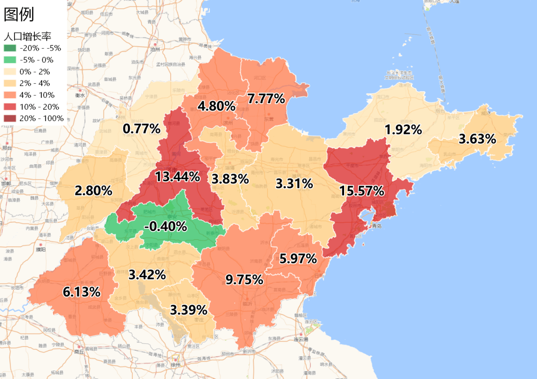 中国城市人口增减地图七普