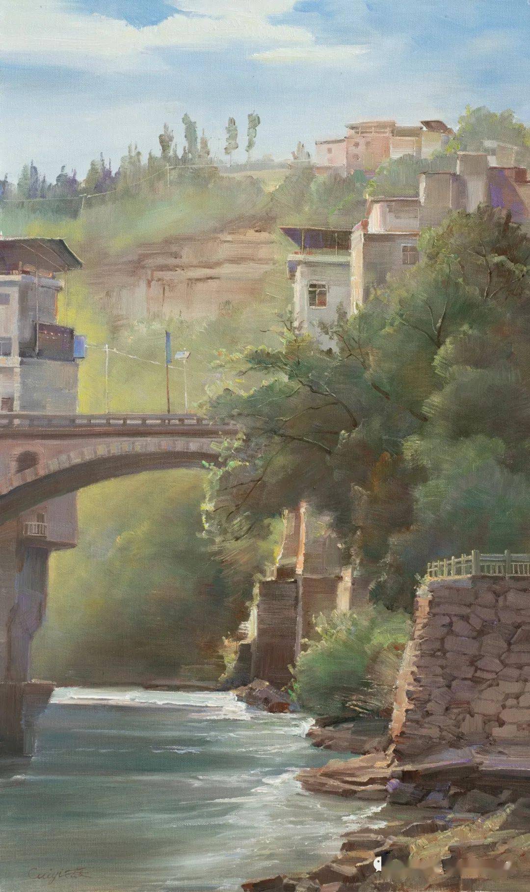 《云阳堰坪镇与奉节羊市镇的石拱桥》 60cm x 100cm 油画 崔毅 2021年