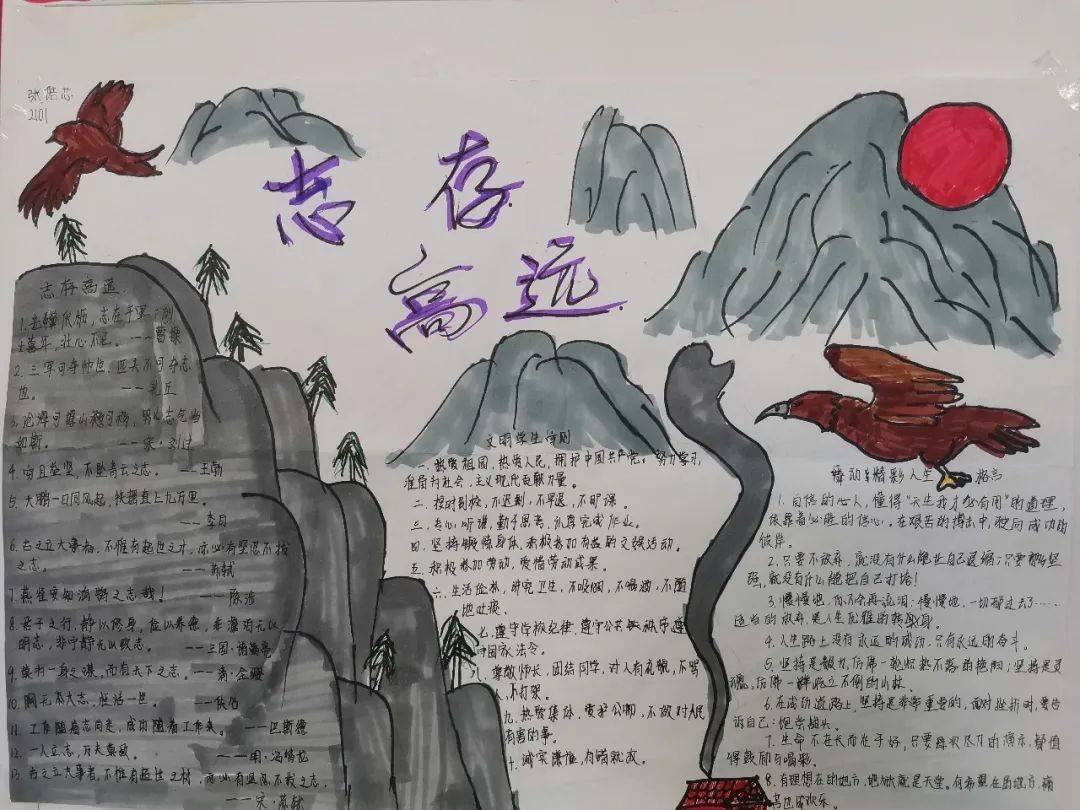 学生自制以"志存高远,争做文明中学生,舞动精彩人生"为主题手抄报和