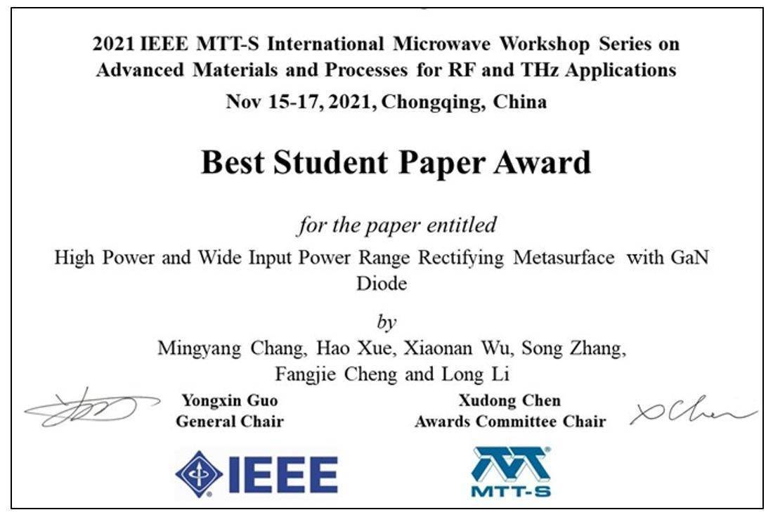 西电学子在2021IEEE MTT-S国际微波研讨会上获最佳学生论文奖