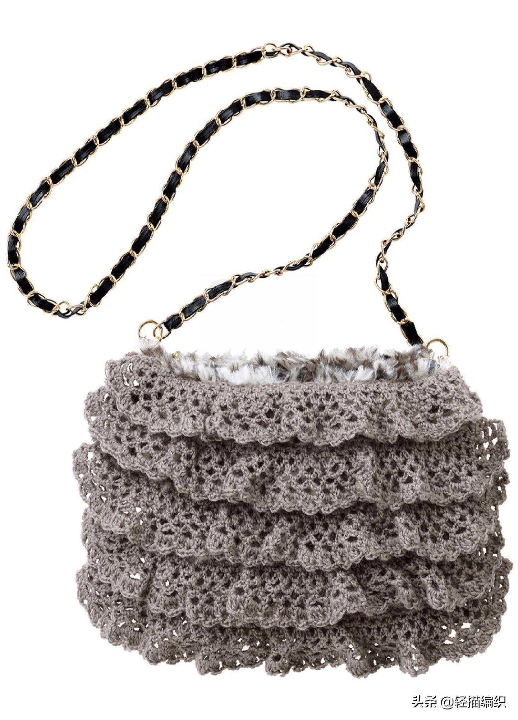 驼色小背包,钩针钩编,花样精致,多层褶皱,时尚实用