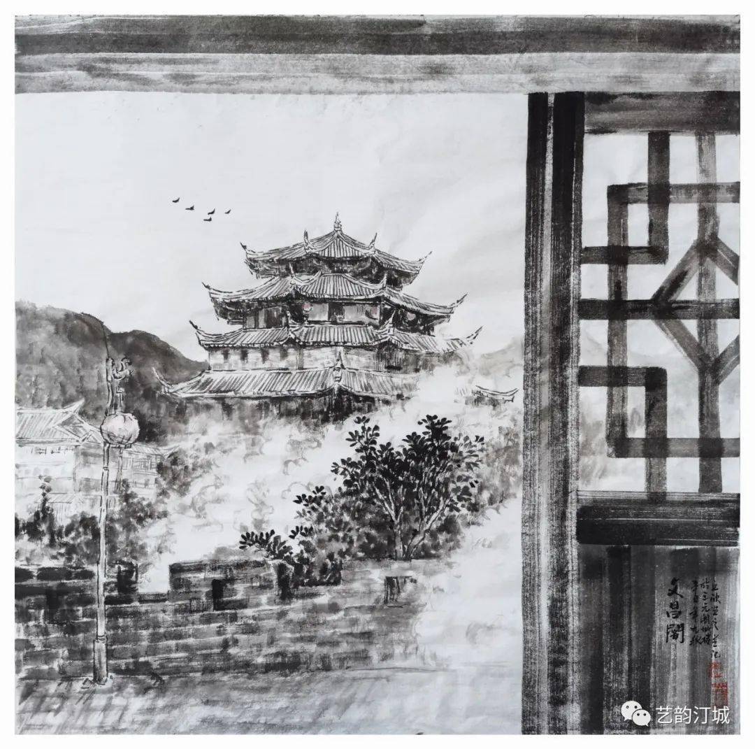 丘欣国画《文昌阁》谢琦国画《红色摇篮》谢琦国画《静谧的山村》叶逸