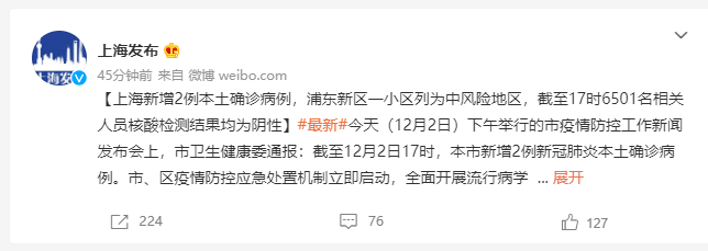 結果|突發！上海新增2例本土確診，浦東一小區列為中風險地區