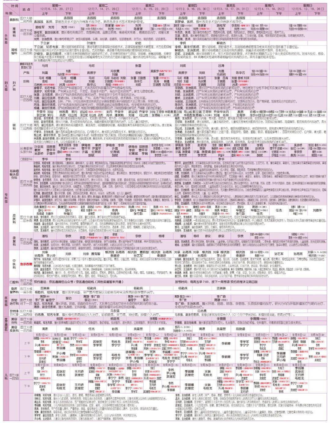 北京|2021年12月北京清华长庚医院门诊出诊时间表