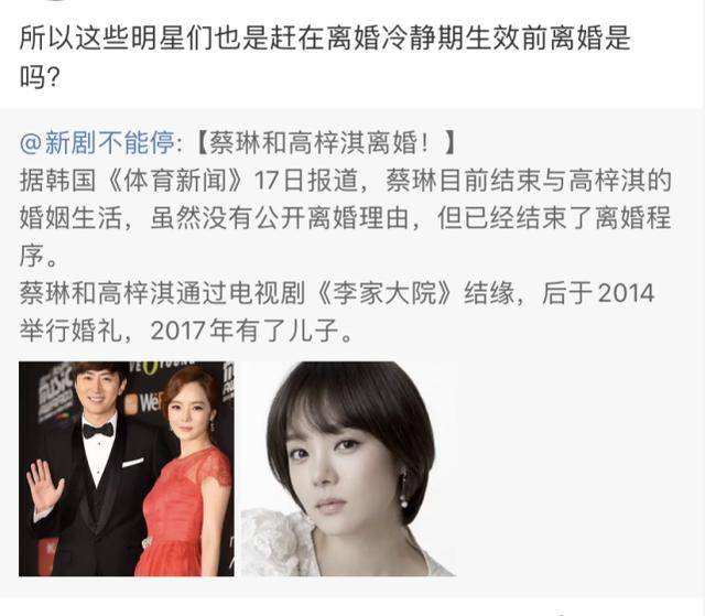 韩媒曝蔡琳与高梓淇办完离婚手续网友为逃离明年离婚冷静期