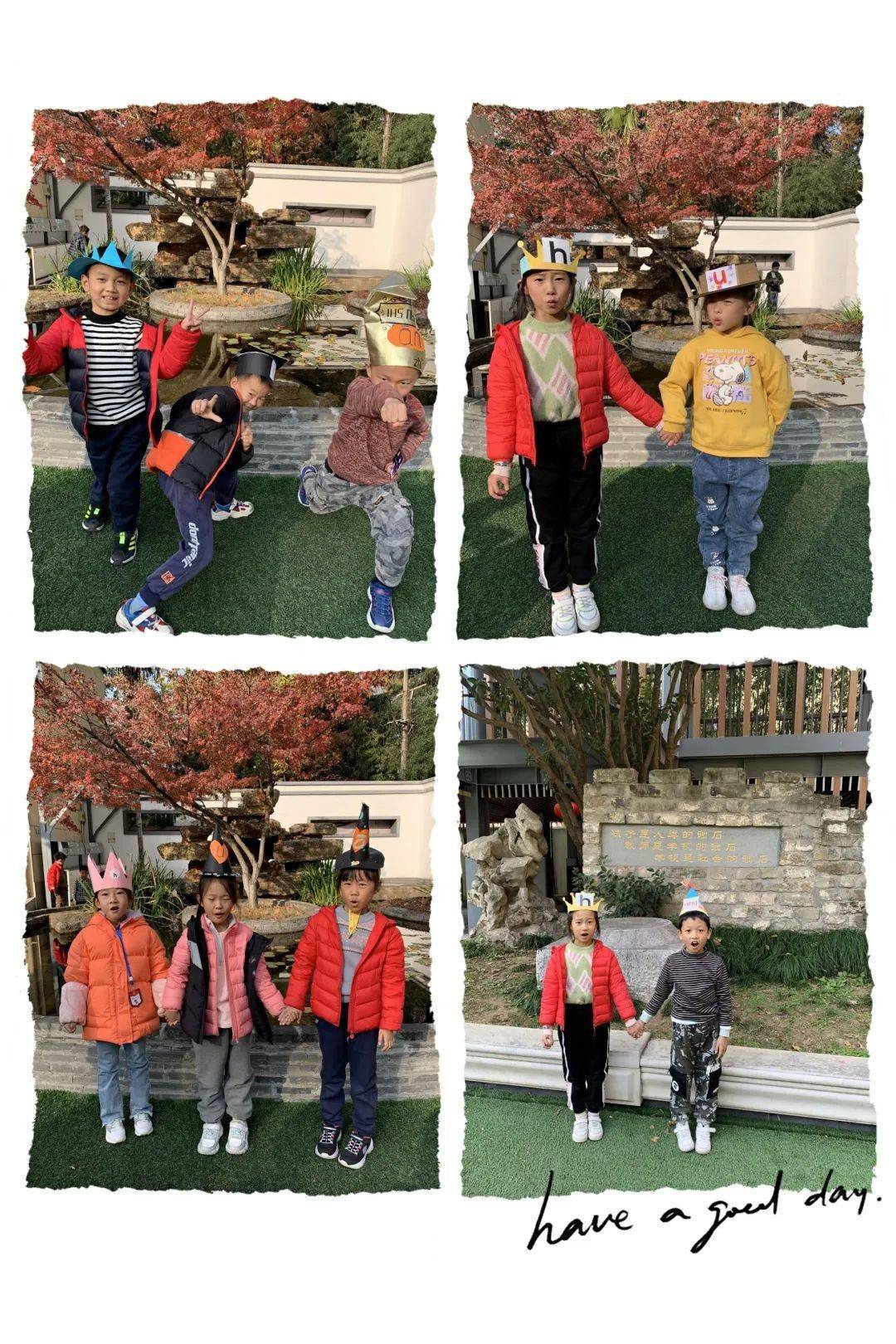 色彩斑斓的帽子,还在帽子上贴了汉语拼音字母卡片,与好朋友手拉手上台