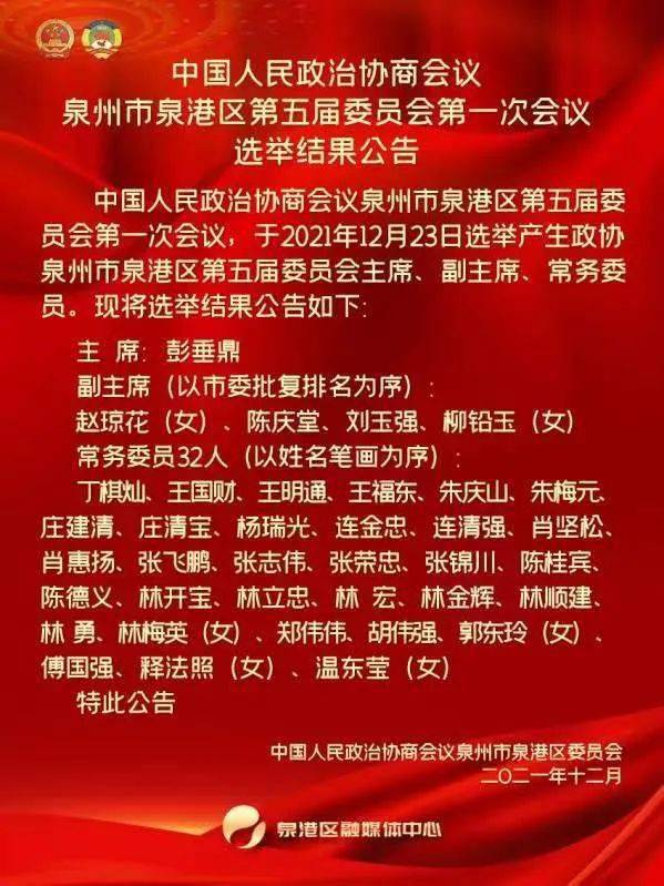 政协泉港区第五届委员会第一次会议选举结果公告