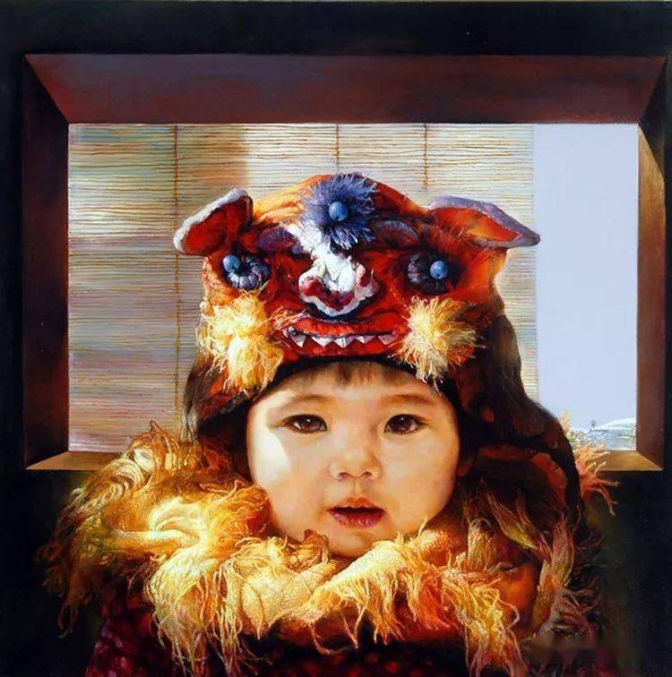 乡愁油画戴虎头帽的娃娃