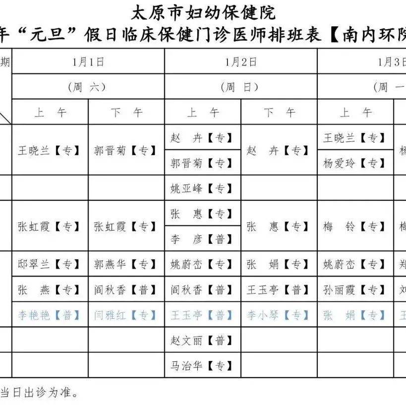 名医名家 太原市妇幼保健院22年元旦期间专家出诊安排 院区 专业 科室