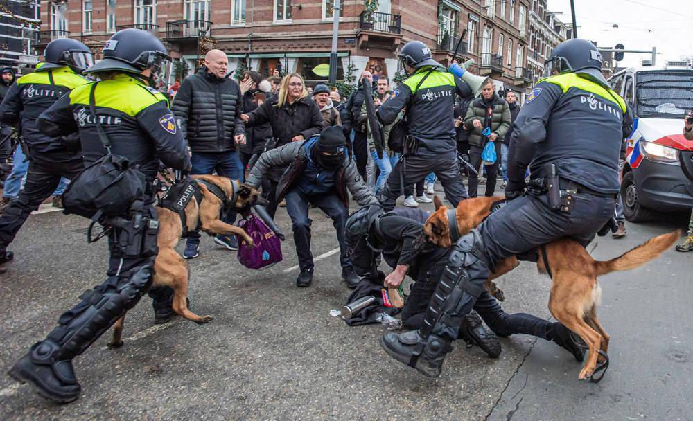 早安·世界｜荷兰首都爆发反封锁抗议，警察放狗撕咬示威者