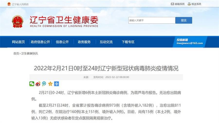 葫芦岛市|辽宁省新增6例本土新冠肺炎确诊病例，为葫芦岛市报告