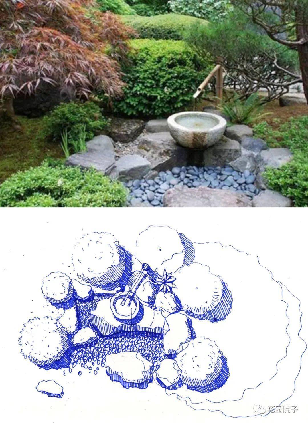 分享几张枯山水日式庭院造景设计手绘图