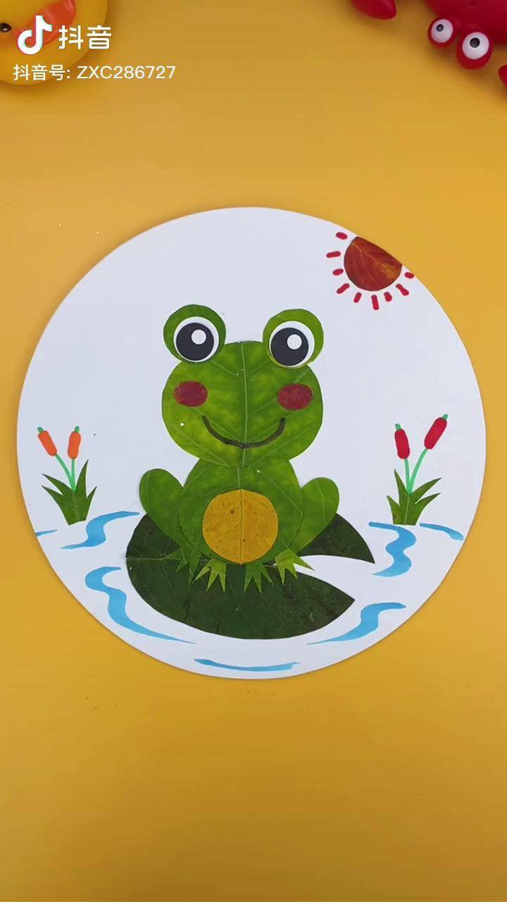 用树叶做可爱的小青蛙亲子手工树叶画树叶贴画幼儿园手工创意美术萌知