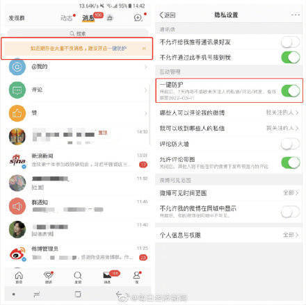 为减少和预防用户遭受言论攻击，微博上线一键防护功能