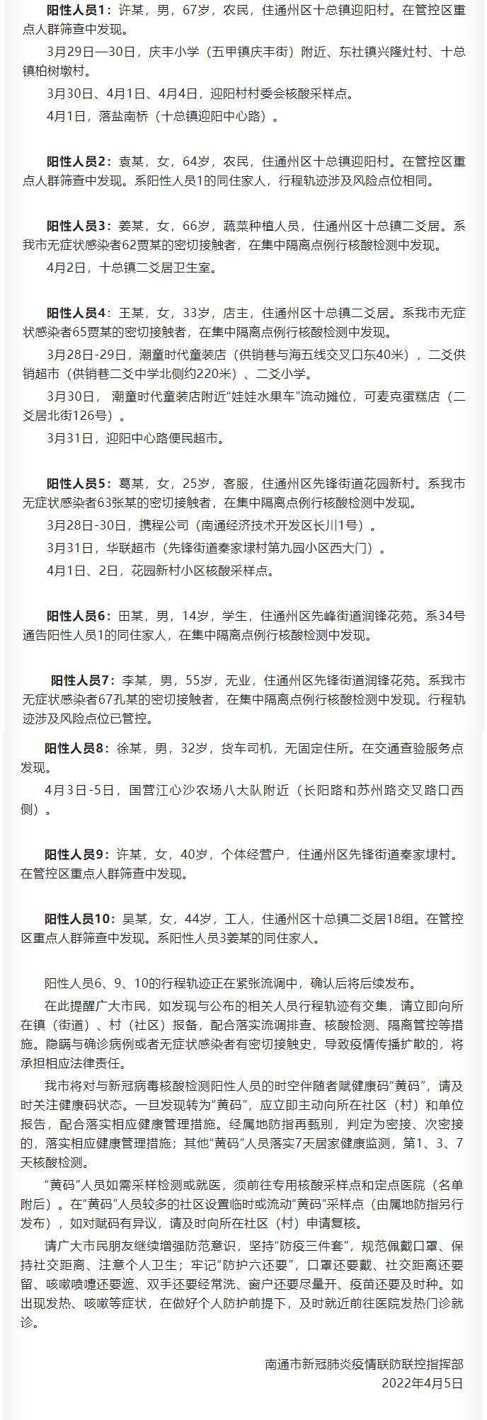 江苏南通新增初筛阳性人员10例