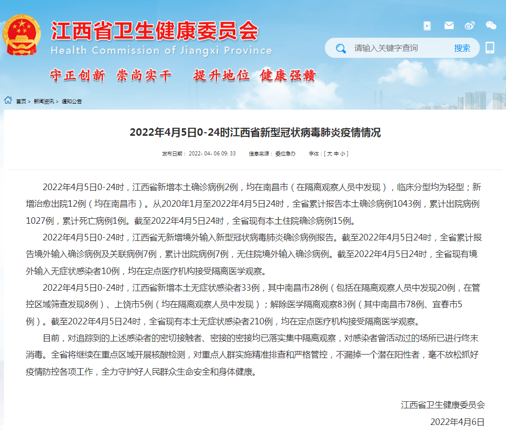 最新江西省新冠肺炎疫情情況通報