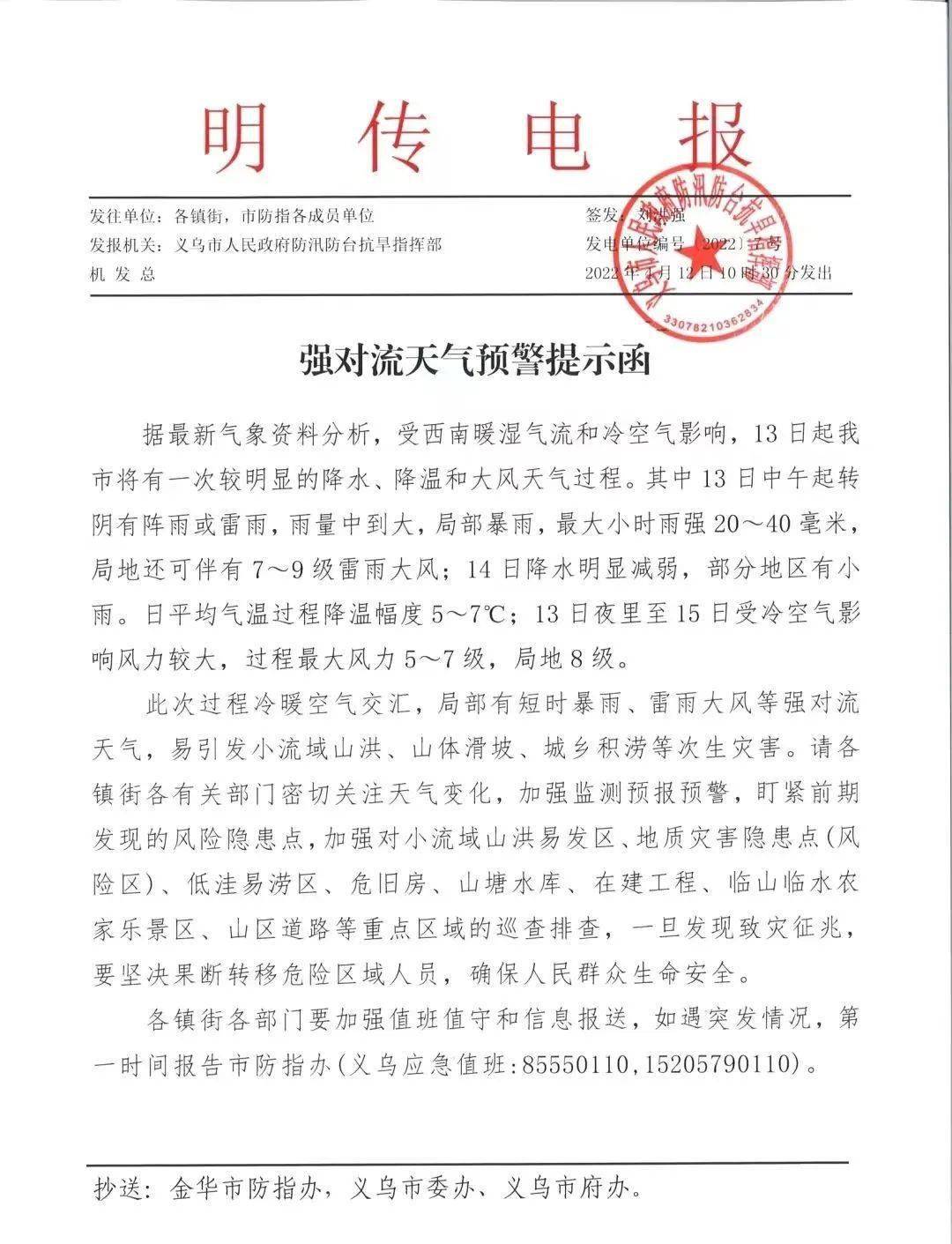 强对流天气预警提示函发布了义乌市人民政府防汛防台抗旱指挥部今天(4