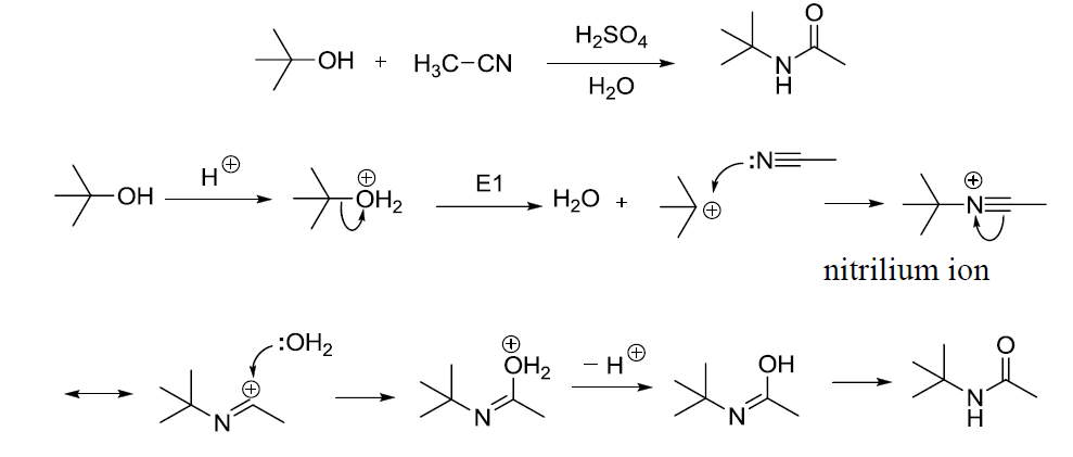 首先醇羟基被质子化后以水的形式离去得到碳正离子,腈类化合物的氰基n