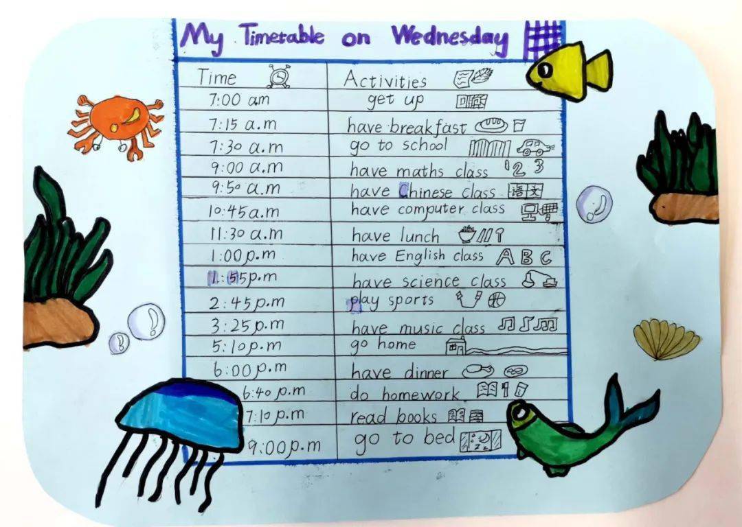 学生设计的timetable课堂上出示学生熟悉的作息时间表和课程表,运用